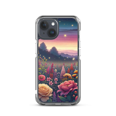 Skurriles Blumenfeld in Dämmerung, farbenfrohe Rosen, Lilien, Ringelblumen - iPhone Schutzhülle (durchsichtig) camping xxx yyy zzz iPhone 15