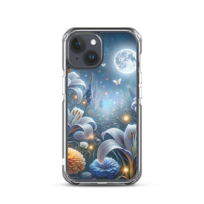 Ätherische Mondnacht auf blühender Wiese, silbriger Blumenglanz - iPhone Schutzhülle (durchsichtig) camping xxx yyy zzz iPhone 15