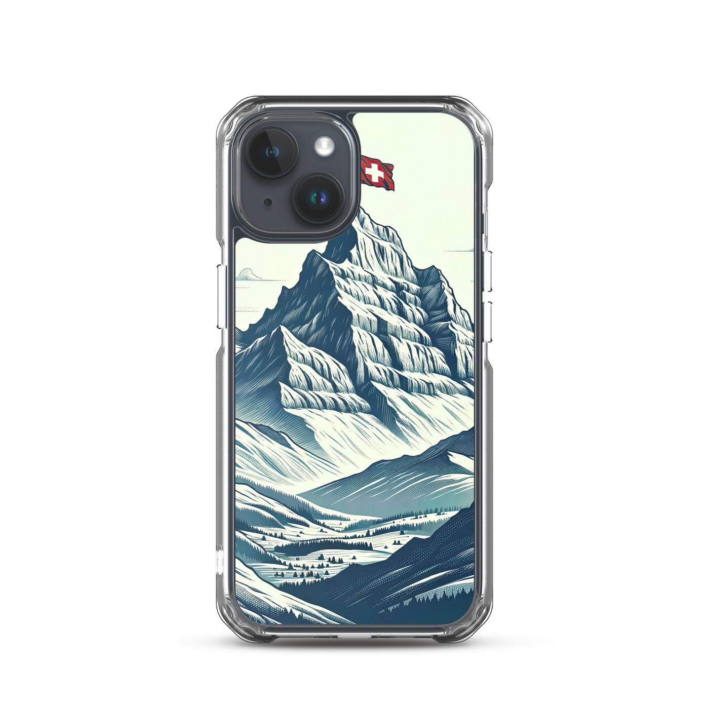 Ausgedehnte Bergkette mit dominierendem Gipfel und wehender Schweizer Flagge - iPhone Schutzhülle (durchsichtig) berge xxx yyy zzz iPhone 15