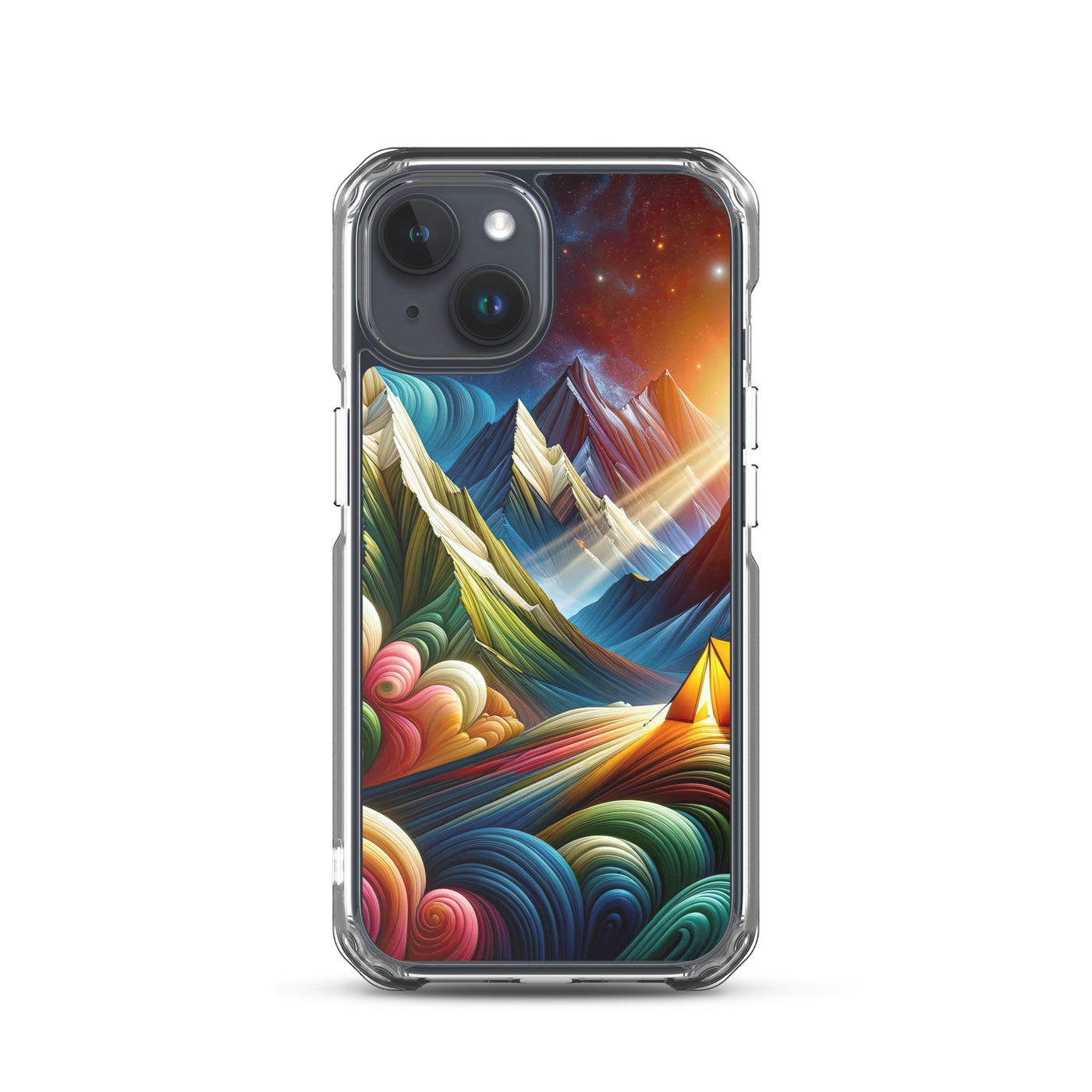 Abstrakte Bergwelt in lebendigen Farben mit Zelt - iPhone Schutzhülle (durchsichtig) camping xxx yyy zzz iPhone 15