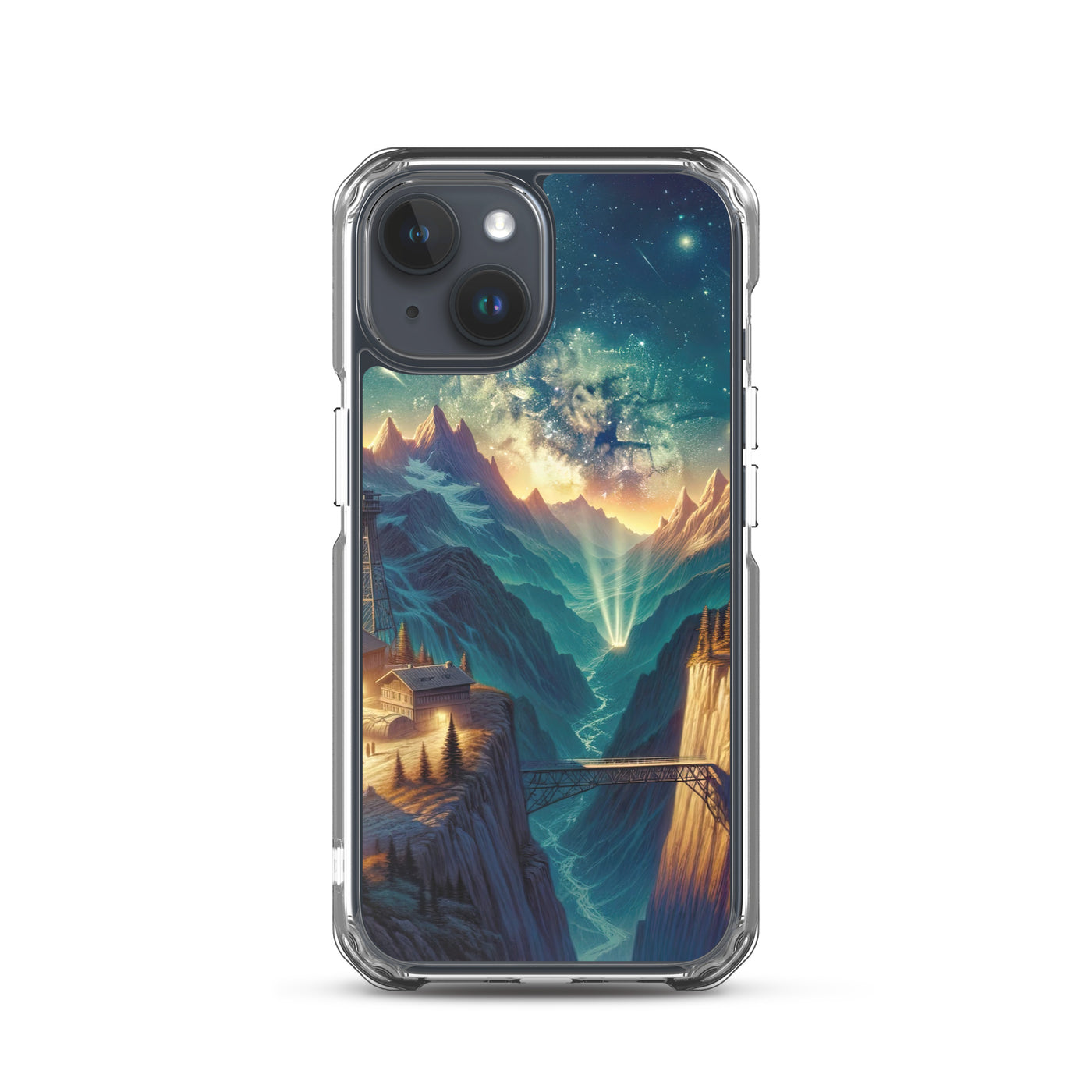 Alpine Wildnis mit Bergdorf unter sternenklarem Nachthimmel - iPhone Schutzhülle (durchsichtig) berge xxx yyy zzz iPhone 15