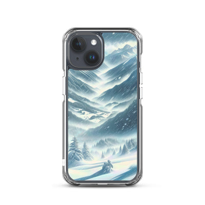 Alpine Wildnis im Wintersturm mit Skifahrer, verschneite Landschaft - iPhone Schutzhülle (durchsichtig) klettern ski xxx yyy zzz iPhone 15