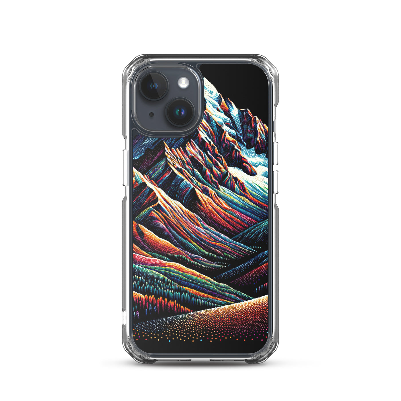Pointillistische Darstellung der Alpen, Farbpunkte formen die Landschaft - iPhone Schutzhülle (durchsichtig) berge xxx yyy zzz iPhone 15
