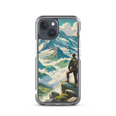 Panoramablick der Alpen mit Wanderer auf einem Hügel und schroffen Gipfeln - iPhone Schutzhülle (durchsichtig) wandern xxx yyy zzz iPhone 15