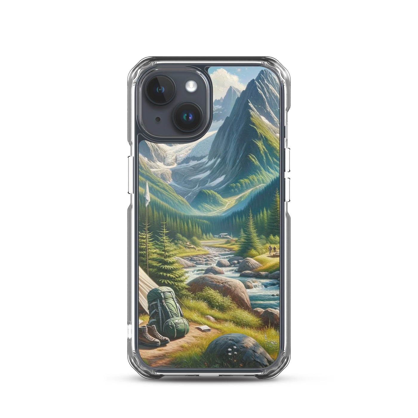 Ölgemälde der Alpensommerlandschaft mit Zelt, Gipfeln, Wäldern und Bächen - iPhone Schutzhülle (durchsichtig) camping xxx yyy zzz iPhone 15