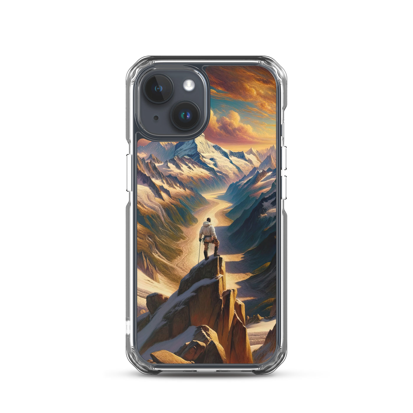 Ölgemälde eines Wanderers auf einem Hügel mit Panoramablick auf schneebedeckte Alpen und goldenen Himmel - iPhone Schutzhülle (durchsichtig) wandern xxx yyy zzz iPhone 15