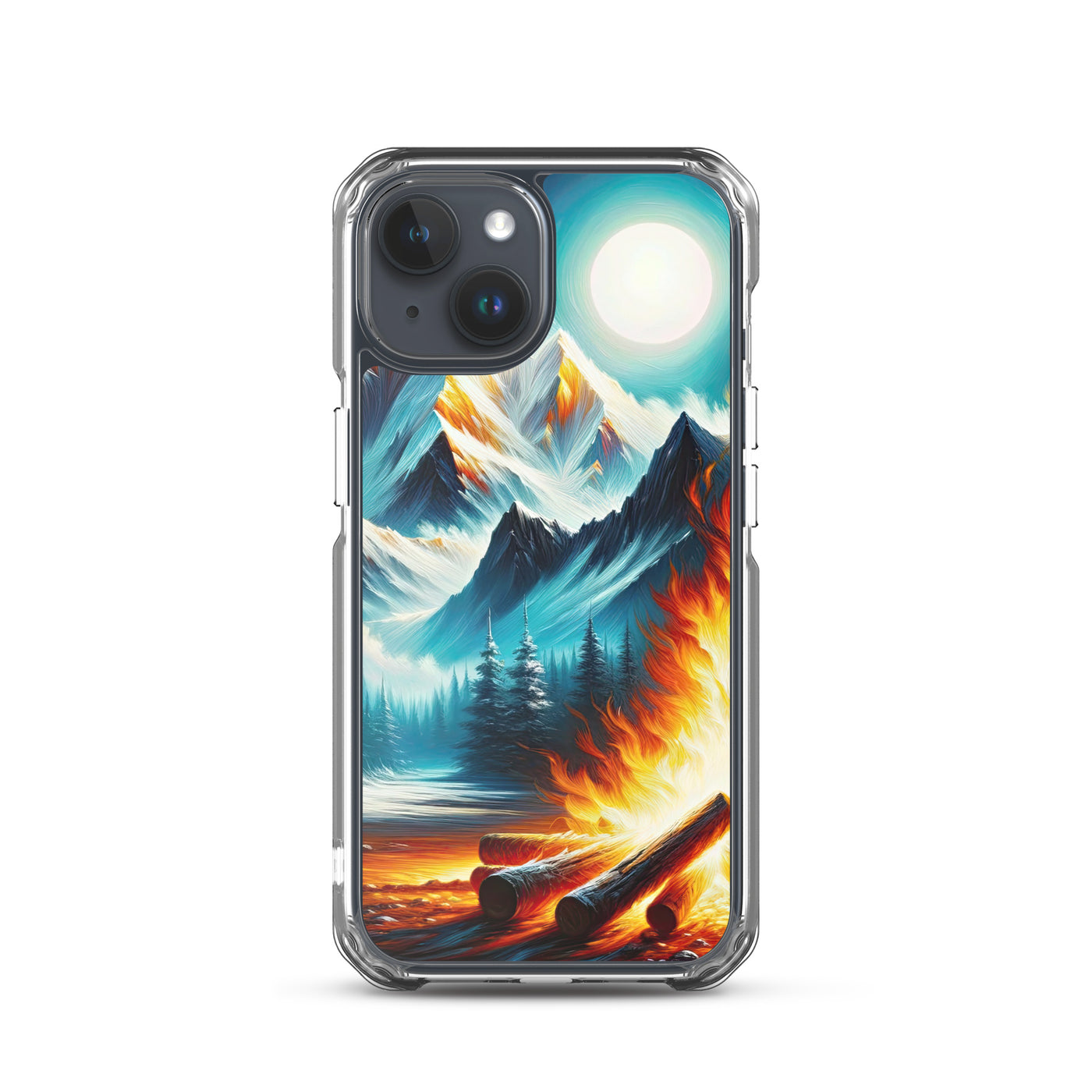 Ölgemälde von Feuer und Eis: Lagerfeuer und Alpen im Kontrast, warme Flammen - iPhone Schutzhülle (durchsichtig) camping xxx yyy zzz iPhone 15