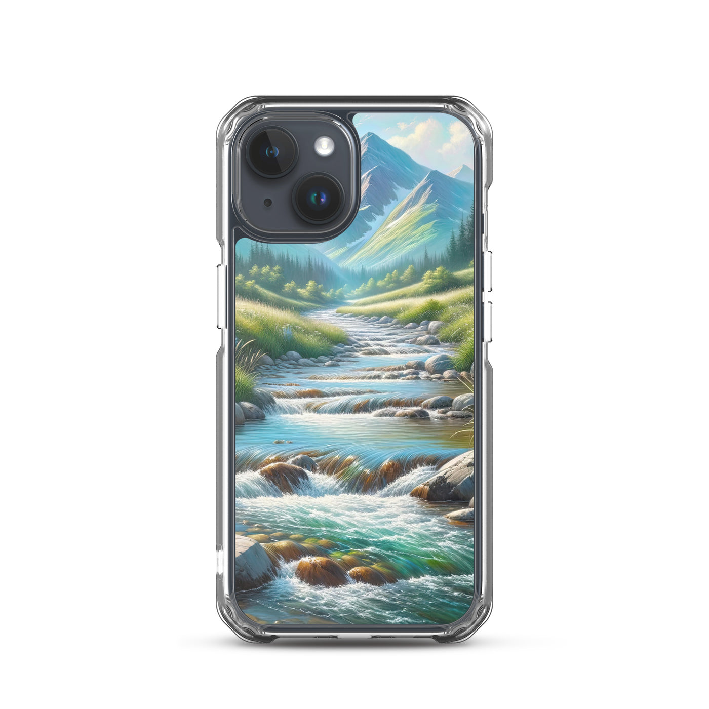 Sanfter Gebirgsbach in Ölgemälde, klares Wasser über glatten Felsen - iPhone Schutzhülle (durchsichtig) berge xxx yyy zzz iPhone 15