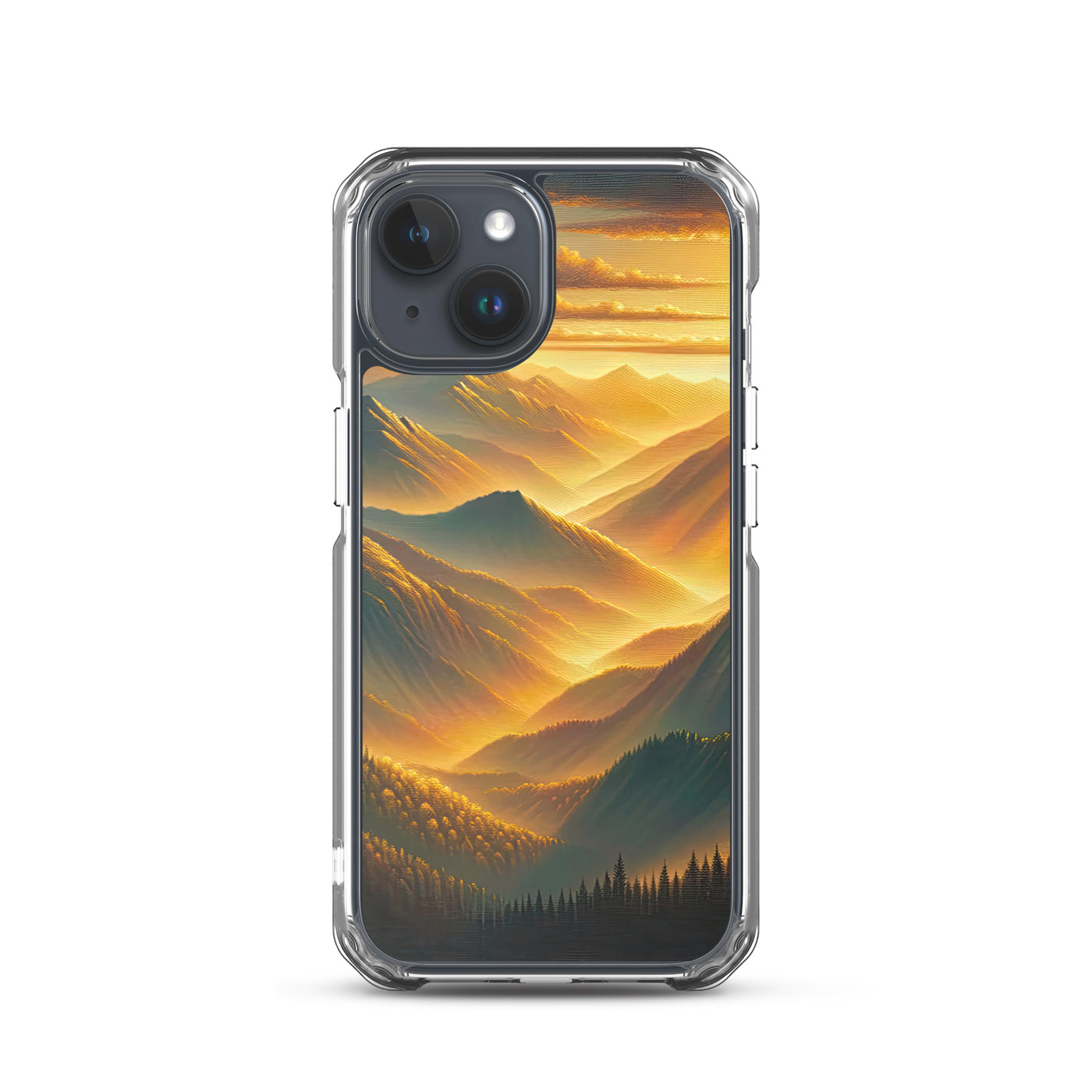 Ölgemälde der Berge in der goldenen Stunde, Sonnenuntergang über warmer Landschaft - iPhone Schutzhülle (durchsichtig) berge xxx yyy zzz iPhone 15