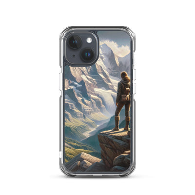 Ölgemälde der Alpengipfel mit Schweizer Abenteurerin auf Felsvorsprung - iPhone Schutzhülle (durchsichtig) wandern xxx yyy zzz iPhone 15