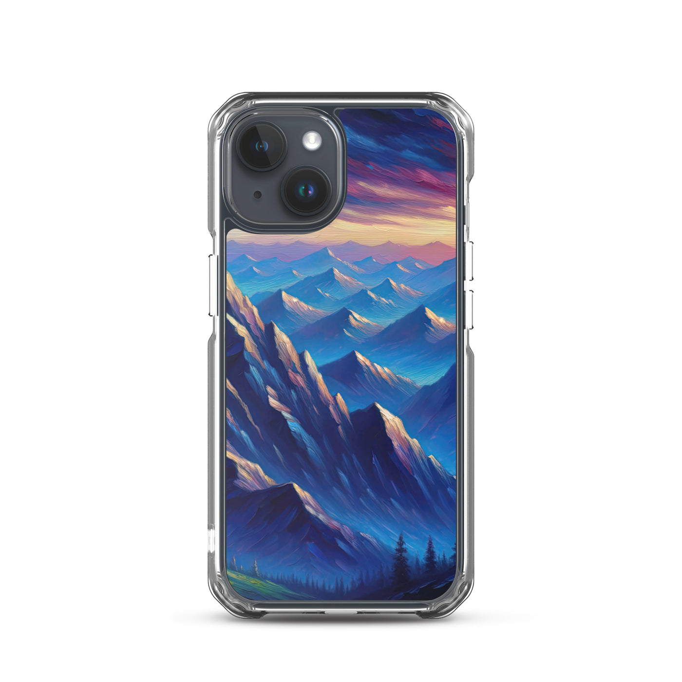 Ölgemälde eines ruhigen Alpenabends mit Bergsteigersilhouette auf dem Gipfel - iPhone Schutzhülle (durchsichtig) wandern xxx yyy zzz iPhone 15