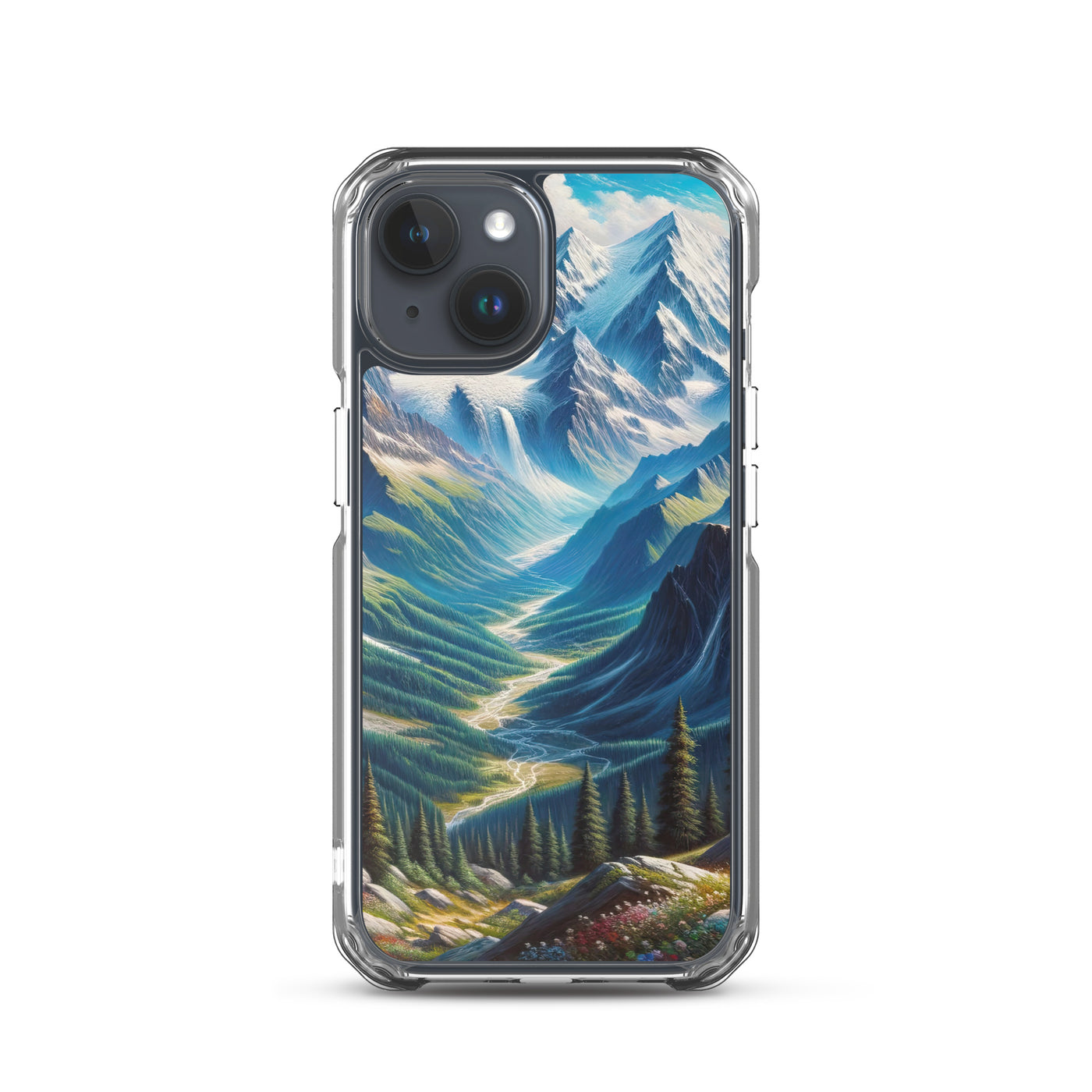 Panorama-Ölgemälde der Alpen mit schneebedeckten Gipfeln und schlängelnden Flusstälern - iPhone Schutzhülle (durchsichtig) berge xxx yyy zzz iPhone 15