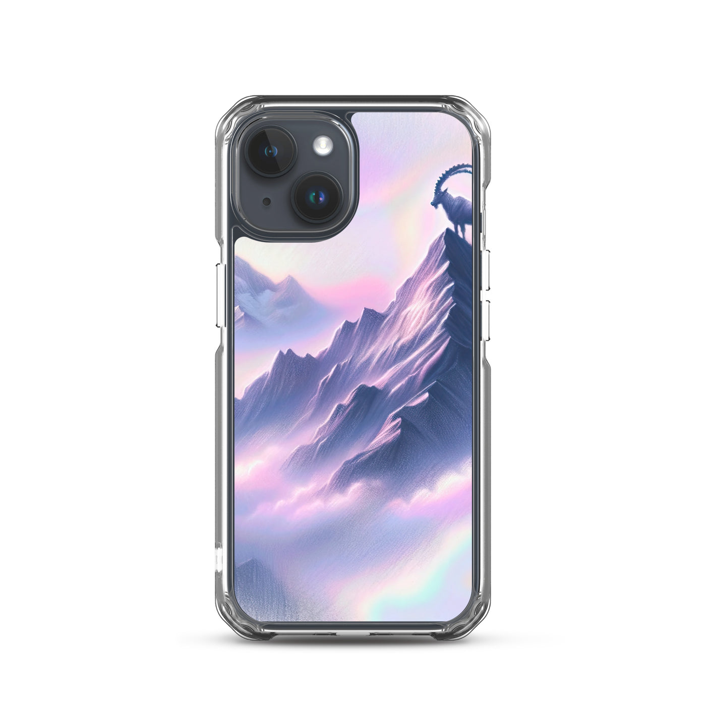 Pastellzeichnung der Alpen im Morgengrauen mit Steinbock in Rosa- und Lavendeltönen - iPhone Schutzhülle (durchsichtig) berge xxx yyy zzz iPhone 15