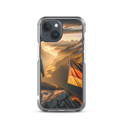 Foto der Alpen bei Sonnenuntergang mit deutscher Flagge und Wanderer, goldenes Licht auf Schneegipfeln - iPhone Schutzhülle (durchsichtig) berge xxx yyy zzz iPhone 15