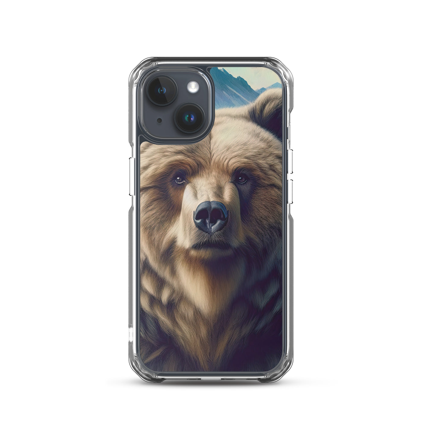 Foto eines Bären vor abstrakt gemalten Alpenbergen, Oberkörper im Fokus - iPhone Schutzhülle (durchsichtig) camping xxx yyy zzz iPhone 15