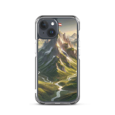 Fotorealistisches Bild der Alpen mit österreichischer Flagge, scharfen Gipfeln und grünen Tälern - iPhone Schutzhülle (durchsichtig) berge xxx yyy zzz iPhone 15