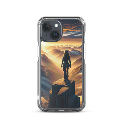 Fotorealistische Darstellung der Alpen bei Sonnenaufgang, Wanderin unter einem gold-purpurnen Himmel - iPhone Schutzhülle (durchsichtig) wandern xxx yyy zzz iPhone 15