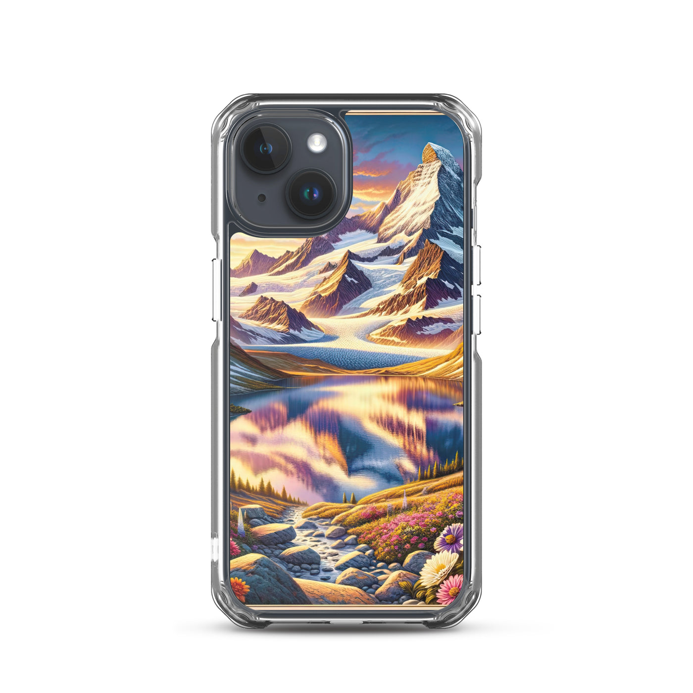 Quadratische Illustration der Alpen mit schneebedeckten Gipfeln und Wildblumen - iPhone Schutzhülle (durchsichtig) berge xxx yyy zzz iPhone 15