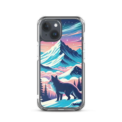 Vektorgrafik eines alpinen Winterwunderlandes mit schneebedeckten Kiefern und einem Fuchs - iPhone Schutzhülle (durchsichtig) camping xxx yyy zzz iPhone 15