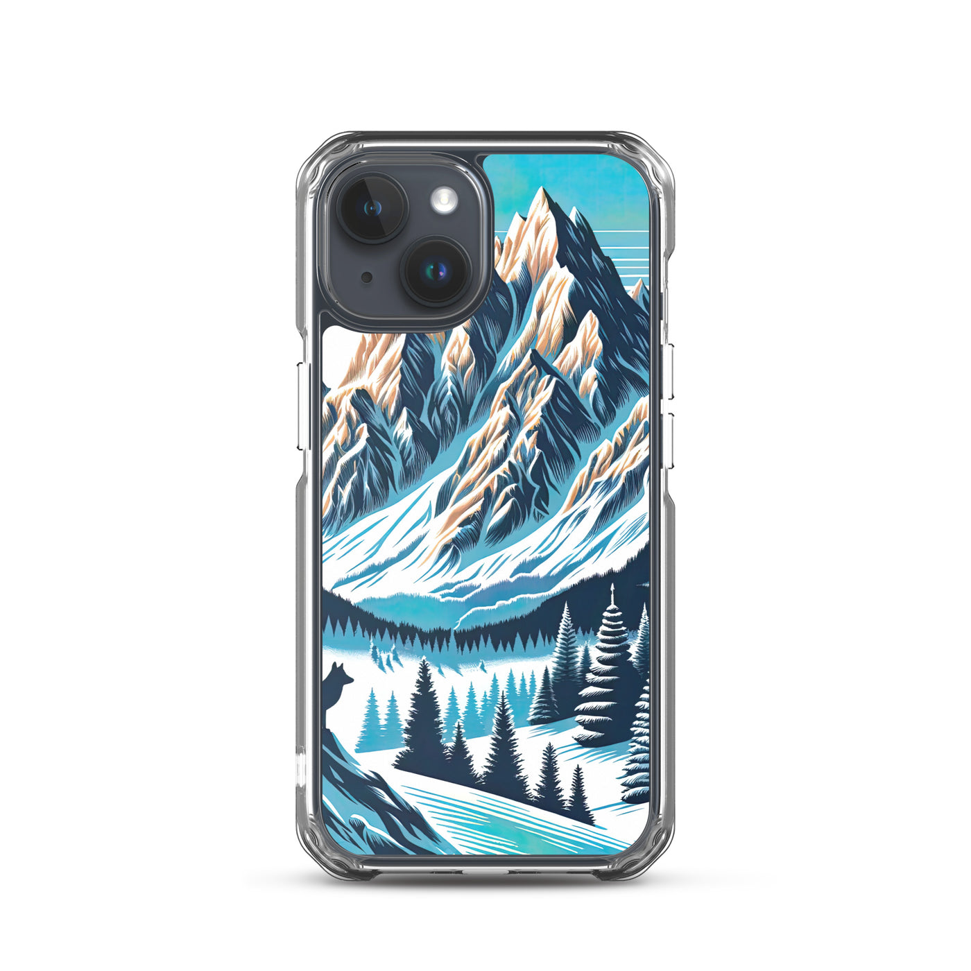 Vektorgrafik eines Wolfes im winterlichen Alpenmorgen, Berge mit Schnee- und Felsmustern - iPhone Schutzhülle (durchsichtig) berge xxx yyy zzz iPhone 15