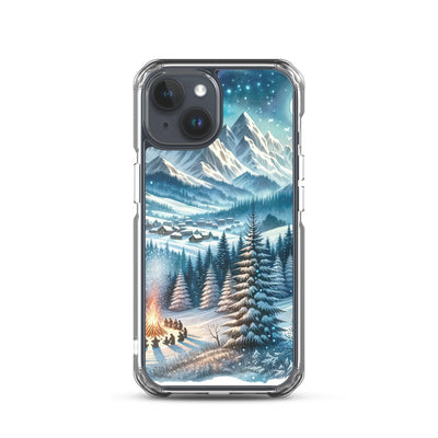 Aquarell eines Winterabends in den Alpen mit Lagerfeuer und Wanderern, glitzernder Neuschnee - iPhone Schutzhülle (durchsichtig) camping xxx yyy zzz iPhone 15