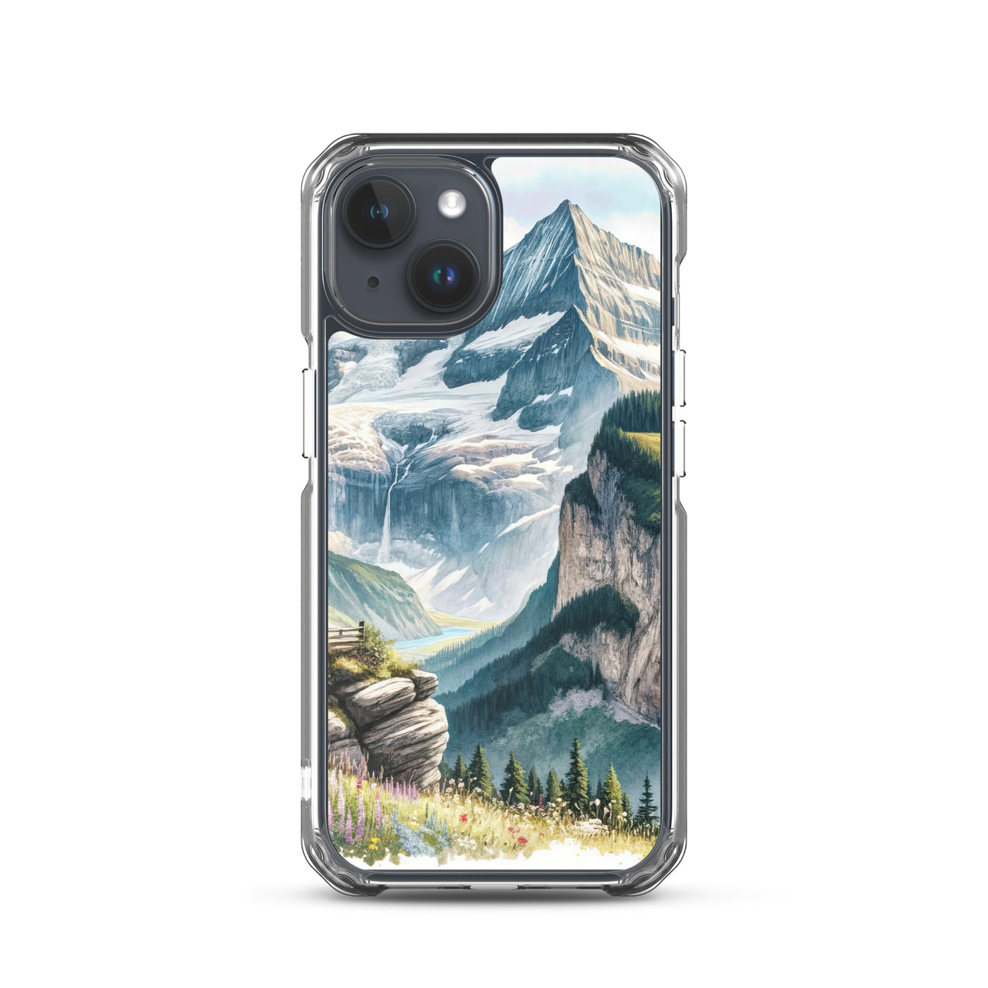 Aquarell-Panoramablick der Alpen mit schneebedeckten Gipfeln, Wasserfällen und Wanderern - iPhone Schutzhülle (durchsichtig) wandern xxx yyy zzz iPhone 15
