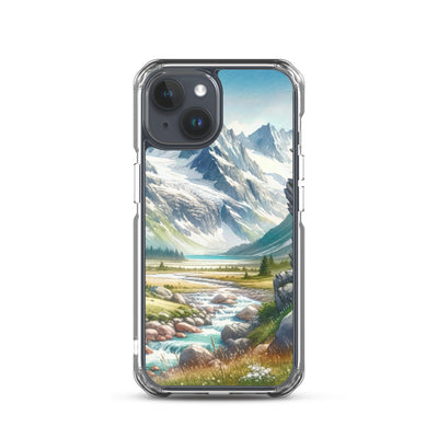 Aquarellmalerei eines Bären und der sommerlichen Alpenschönheit mit schneebedeckten Ketten - iPhone Schutzhülle (durchsichtig) camping xxx yyy zzz iPhone 15