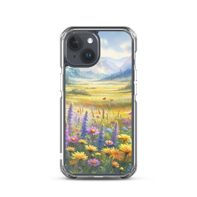 Aquarell einer Almwiese in Ruhe, Wildblumenteppich in Gelb, Lila, Rosa - iPhone Schutzhülle (durchsichtig) berge xxx yyy zzz iPhone 15
