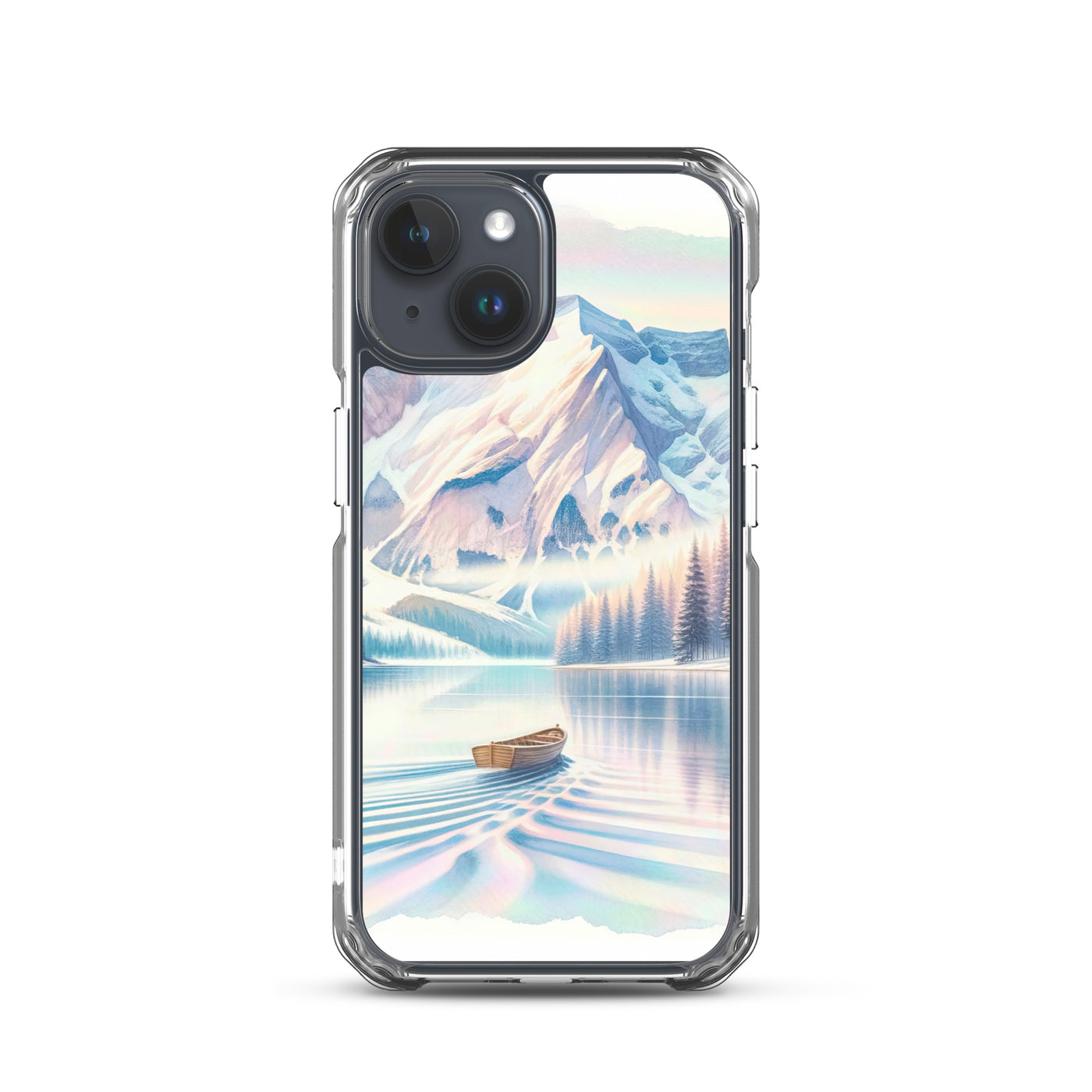 Aquarell eines klaren Alpenmorgens, Boot auf Bergsee in Pastelltönen - iPhone Schutzhülle (durchsichtig) berge xxx yyy zzz iPhone 15