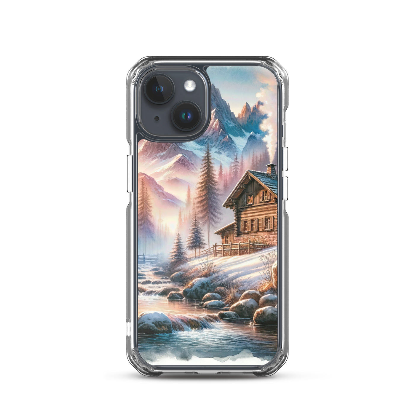 Aquarell einer Alpenszene im Morgengrauen, Haus in den Bergen - iPhone Schutzhülle (durchsichtig) berge xxx yyy zzz iPhone 15