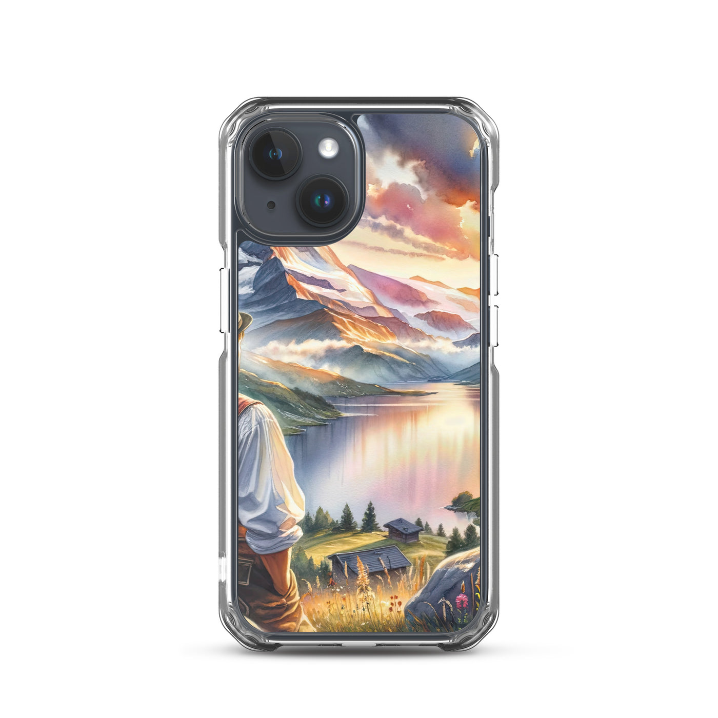 Aquarell einer Berglandschaft in der goldenen Stunde mit österreichischem Wanderer - iPhone Schutzhülle (durchsichtig) wandern xxx yyy zzz iPhone 15