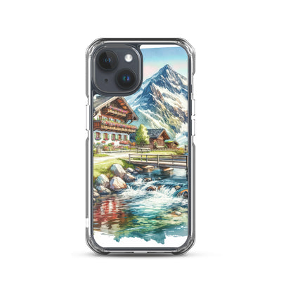 Aquarell der frühlingshaften Alpenkette mit österreichischer Flagge und schmelzendem Schnee - iPhone Schutzhülle (durchsichtig) berge xxx yyy zzz iPhone 15
