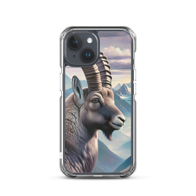 Digitales Steinbock-Porträt vor Alpenkulisse - iPhone Schutzhülle (durchsichtig) berge xxx yyy zzz iPhone 15