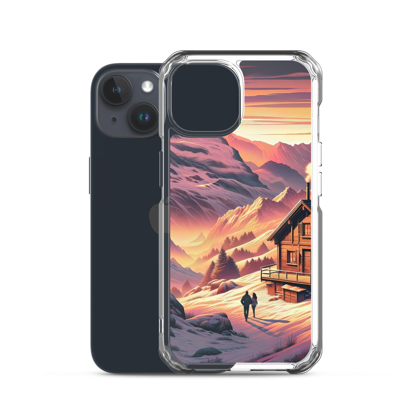 Berghütte im goldenen Sonnenuntergang: Digitale Alpenillustration - iPhone Schutzhülle (durchsichtig) berge xxx yyy zzz