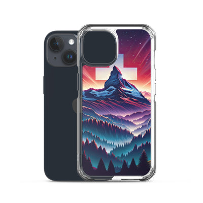 Alpenszene in Dämmerung mit Schweizer Flagge - iPhone Schutzhülle (durchsichtig) berge xxx yyy zzz