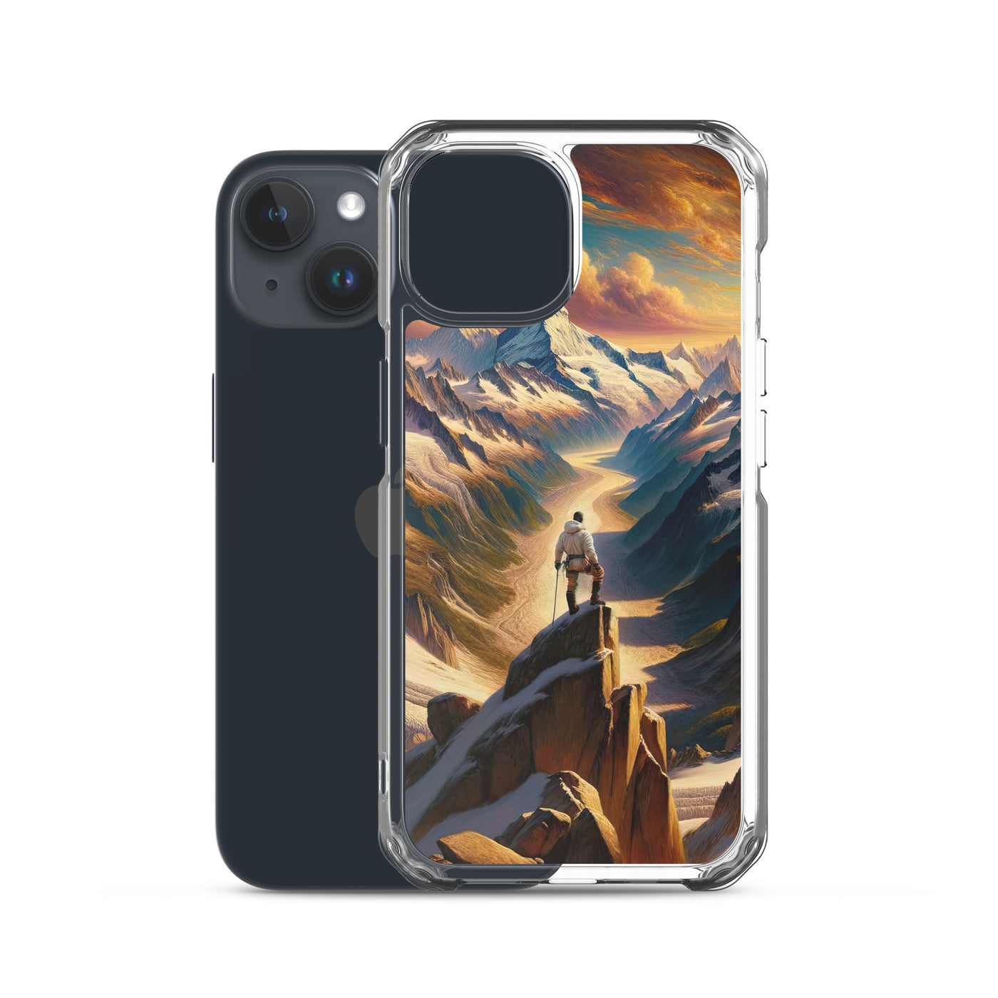 Ölgemälde eines Wanderers auf einem Hügel mit Panoramablick auf schneebedeckte Alpen und goldenen Himmel - iPhone Schutzhülle (durchsichtig) wandern xxx yyy zzz