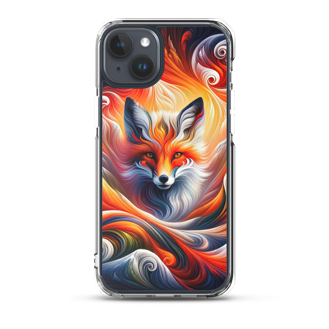 Abstraktes Kunstwerk, das den Geist der Alpen verkörpert. Leuchtender Fuchs in den Farben Orange, Rot, Weiß - iPhone Schutzhülle (durchsichtig) camping xxx yyy zzz iPhone 15 Plus