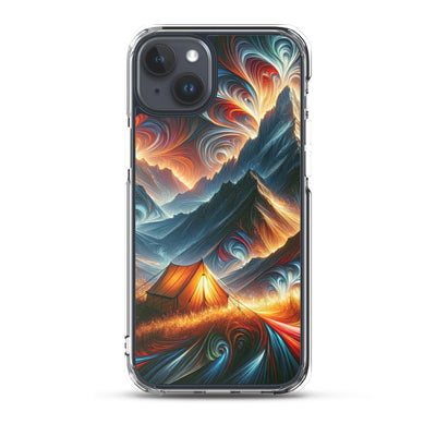 Abstrakte Kunst der Alpen, wo die Berge mit dynamischen Farben und Mustern pulsieren und eine Szene Energie schaffen - Schutzhülle camping xxx yyy zzz iPhone 15 Plus