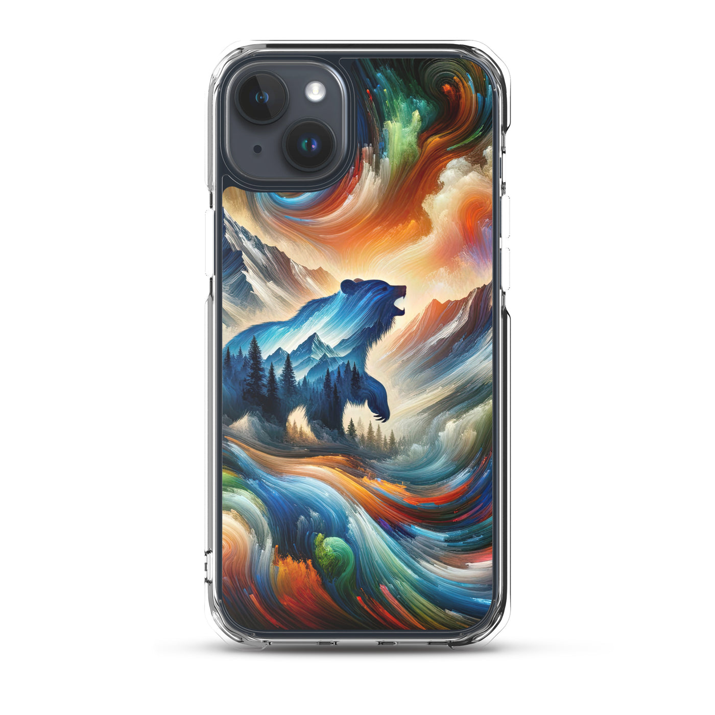 Lebendige Alpen und Bären Sillhouette über Berggipfel - Abstraktes Gemälde - iPhone Schutzhülle (durchsichtig) camping xxx yyy zzz iPhone 15 Plus