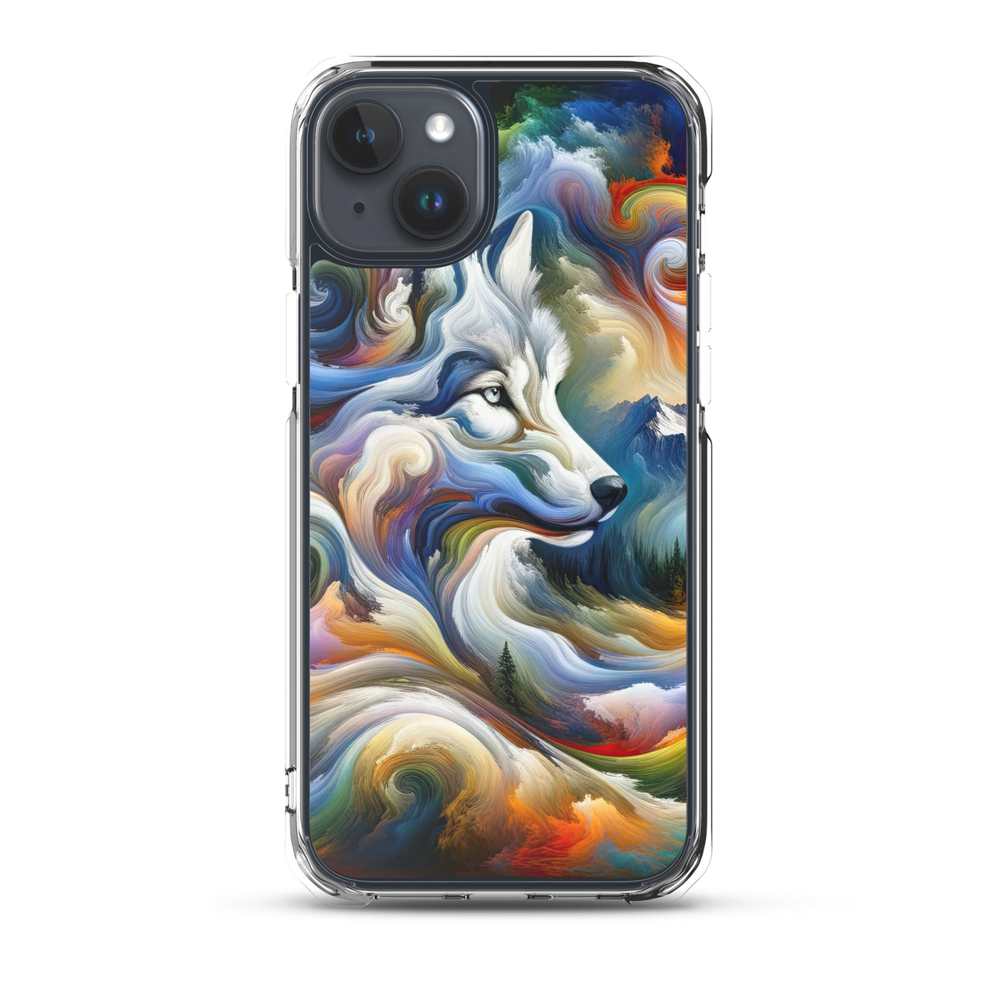 Abstraktes Alpen Gemälde: Wirbelnde Farben und Majestätischer Wolf, Silhouette (AN) - iPhone Schutzhülle (durchsichtig) xxx yyy zzz iPhone 15 Plus