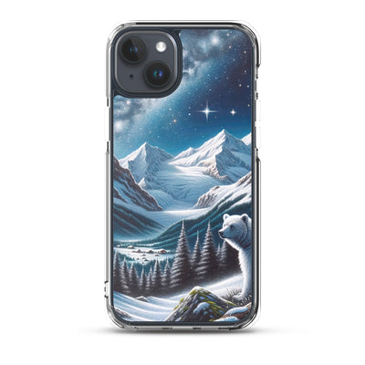 Sternennacht und Eisbär: Acrylgemälde mit Milchstraße, Alpen und schneebedeckte Gipfel - iPhone Schutzhülle (durchsichtig) camping xxx yyy zzz iPhone 15 Plus