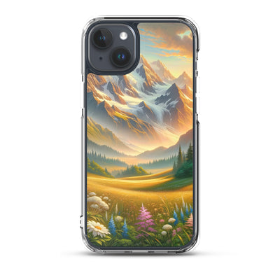 Heitere Alpenschönheit: Schneeberge und Wildblumenwiesen - iPhone Schutzhülle (durchsichtig) berge xxx yyy zzz iPhone 15 Plus