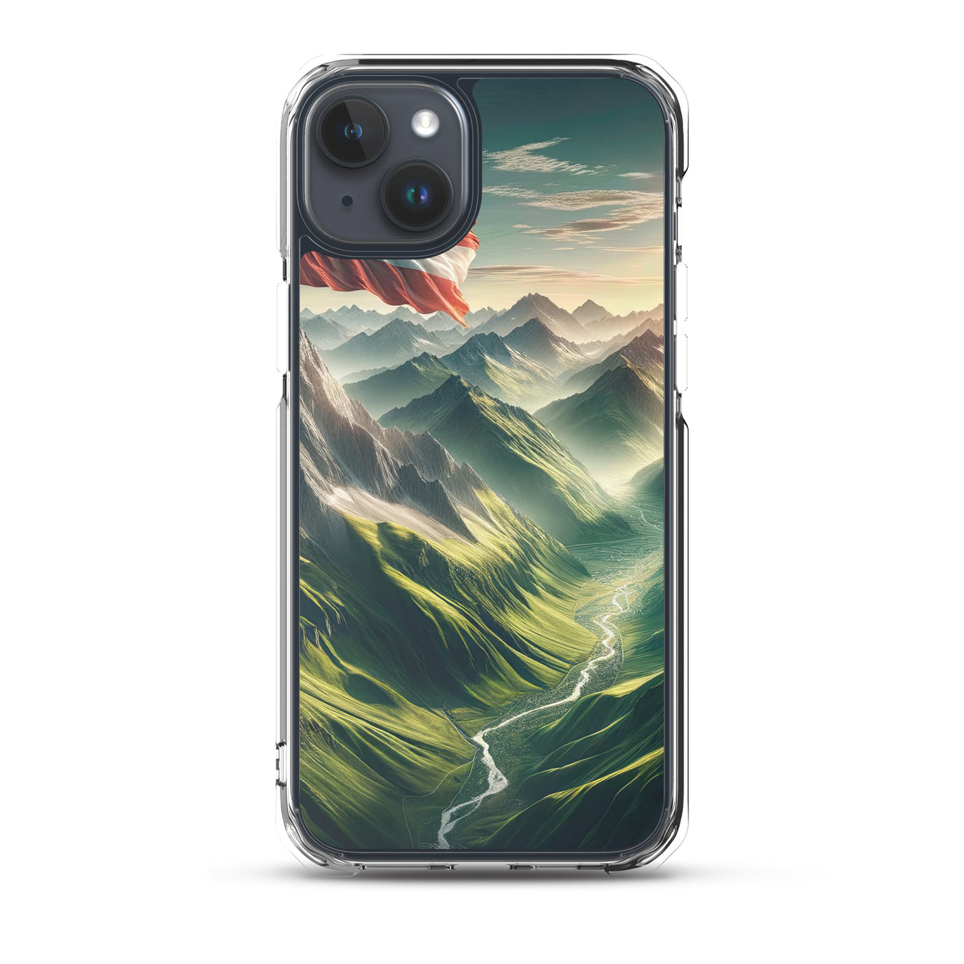 Alpen Gebirge: Fotorealistische Bergfläche mit Österreichischer Flagge - iPhone Schutzhülle (durchsichtig) berge xxx yyy zzz iPhone 15 Plus