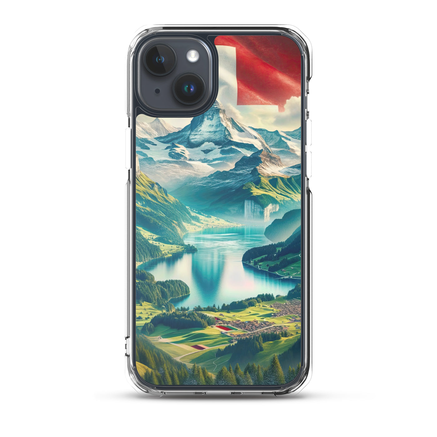 Berg Panorama: Schneeberge und Täler mit Schweizer Flagge - iPhone Schutzhülle (durchsichtig) berge xxx yyy zzz iPhone 15 Plus