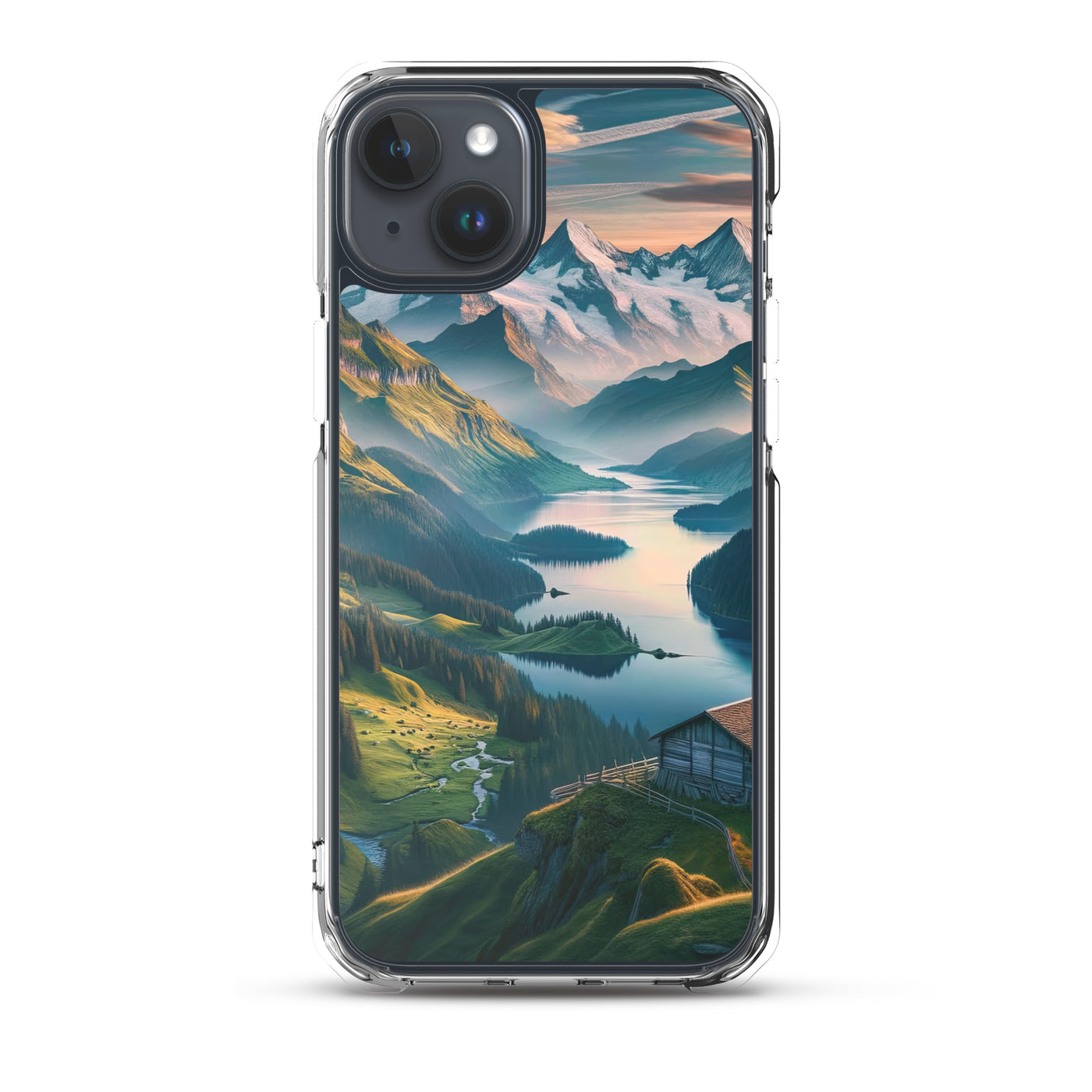 Schweizer Flagge, Alpenidylle: Dämmerlicht, epische Berge und stille Gewässer - iPhone Schutzhülle (durchsichtig) berge xxx yyy zzz iPhone 15 Plus