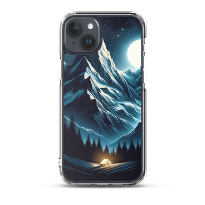 Alpennacht mit Zelt: Mondglanz auf Gipfeln und Tälern, sternenklarer Himmel - iPhone Schutzhülle (durchsichtig) berge xxx yyy zzz iPhone 15 Plus