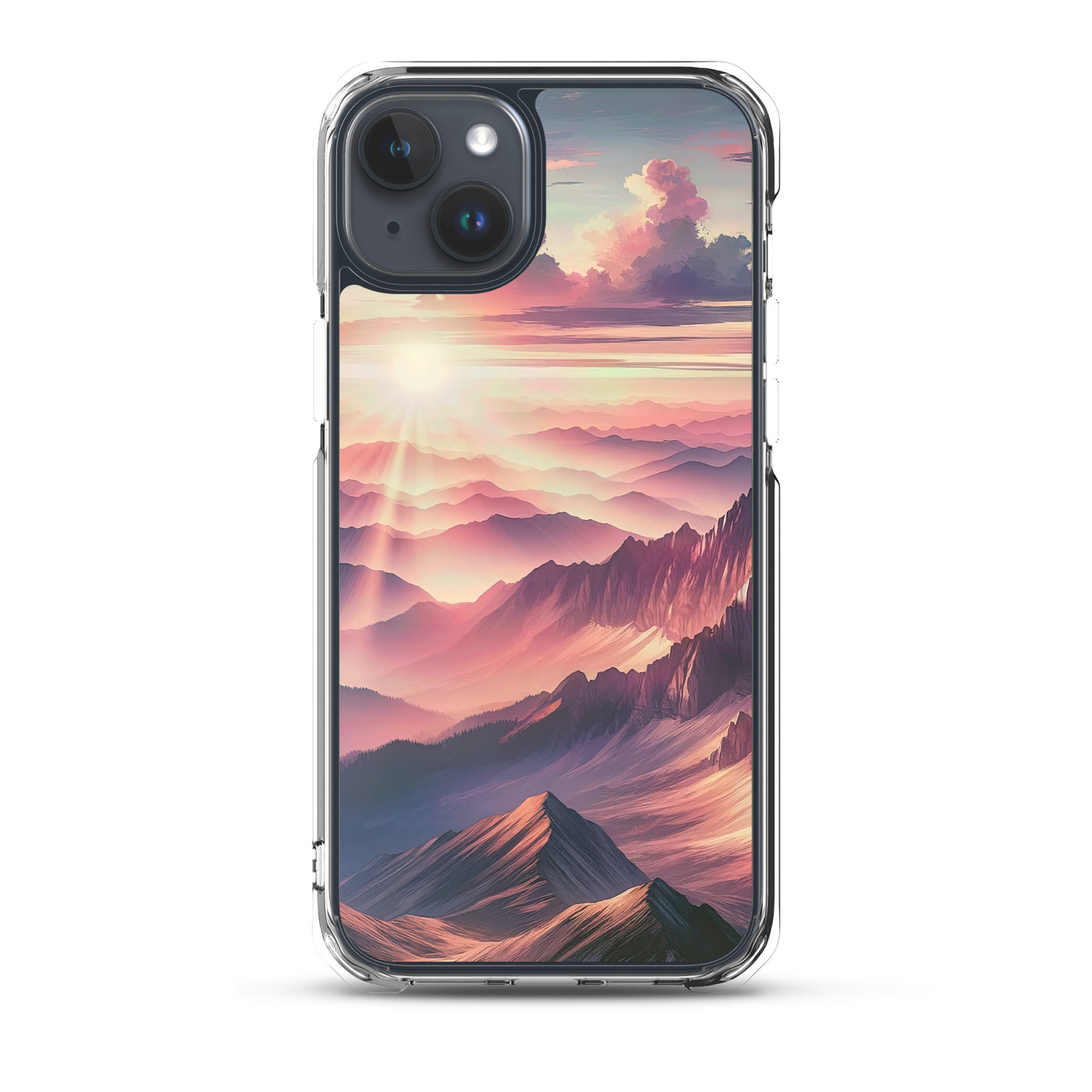 Schöne Berge bei Sonnenaufgang: Malerei in Pastelltönen - iPhone Schutzhülle (durchsichtig) berge xxx yyy zzz iPhone 15 Plus