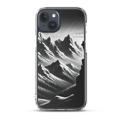Kohlezeichnung, die die stille Stille der Alpen in der Winterdämmerung verkörpert. Wolf auf einem Berghügel (AN) - iPhone Schutzhülle (durchsichtig) xxx yyy zzz iPhone 15 Plus