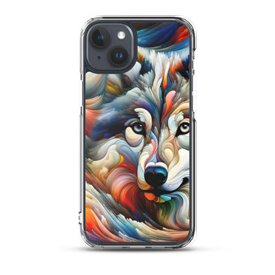 Abstrakte Kunst der Alpen mit einem Wolf. Chaotischer Tanz aus Farben und Formen. Surreale Landschaft (AN) - iPhone Schutzhülle (durchsichtig) xxx yyy zzz iPhone 15 Plus