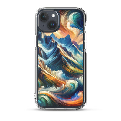 Abstrakte Kunst der Alpen mit lebendigen Farben und wirbelnden Mustern, majestätischen Gipfel und Täler - iPhone Schutzhülle (durchsichtig) berge xxx yyy zzz iPhone 15 Plus